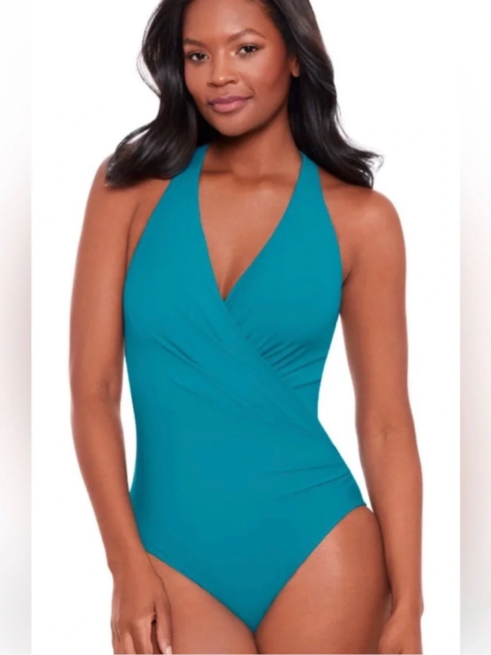 MiracleSuit Wrapsbody one piece full coverage swimsuit in Maldives Blue. Sz. 14